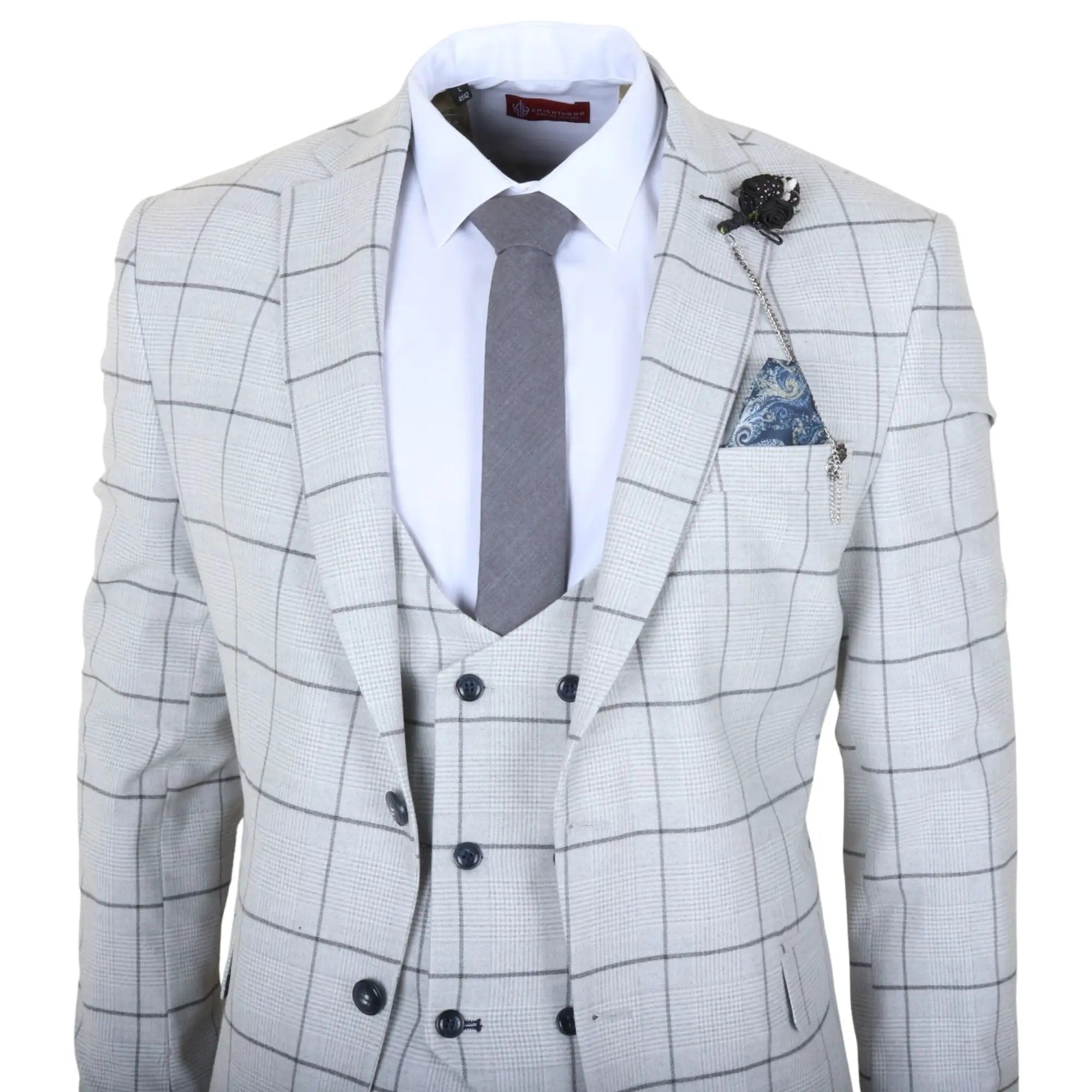 TP-33 - Costum bărbătesc din 3 piese, croială croită, gri, în carouri