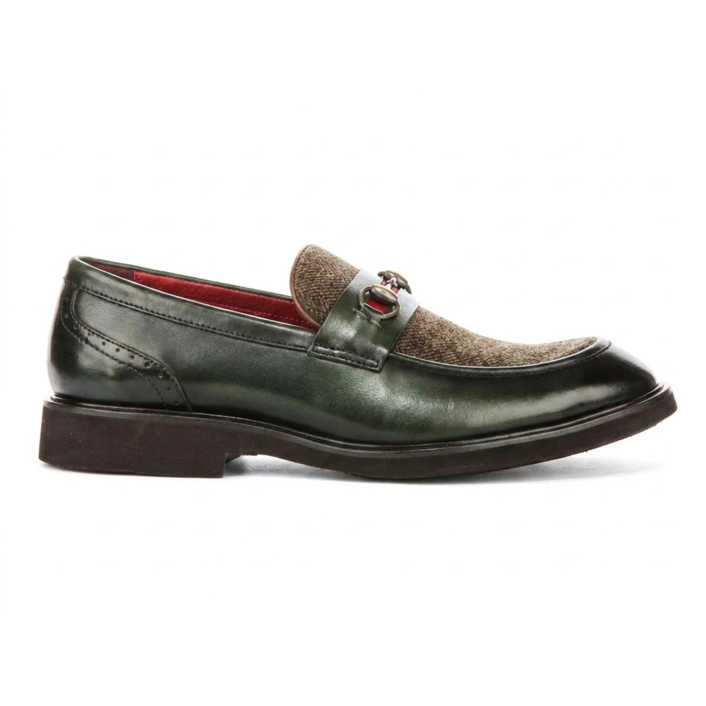 Tristian - Mocasini bărbătești din piele verde cu model herringbone din tweed