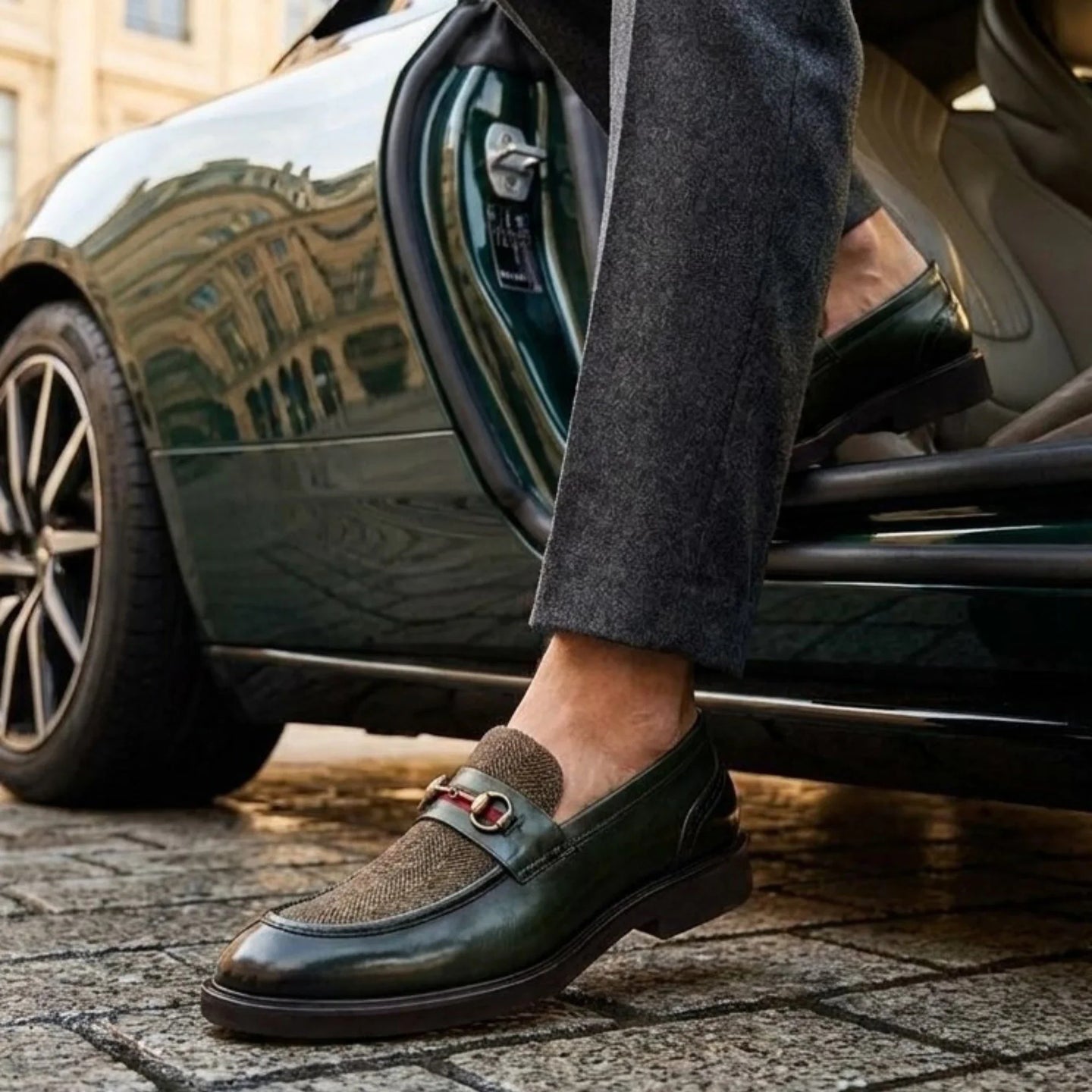 Tristian - Mocasini bărbătești din piele verde cu model herringbone din tweed