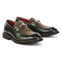Tristian - Mocasini bărbătești din piele verde cu model herringbone din tweed
