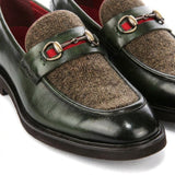 Tristian - Mocasini bărbătești din piele verde cu model herringbone din tweed