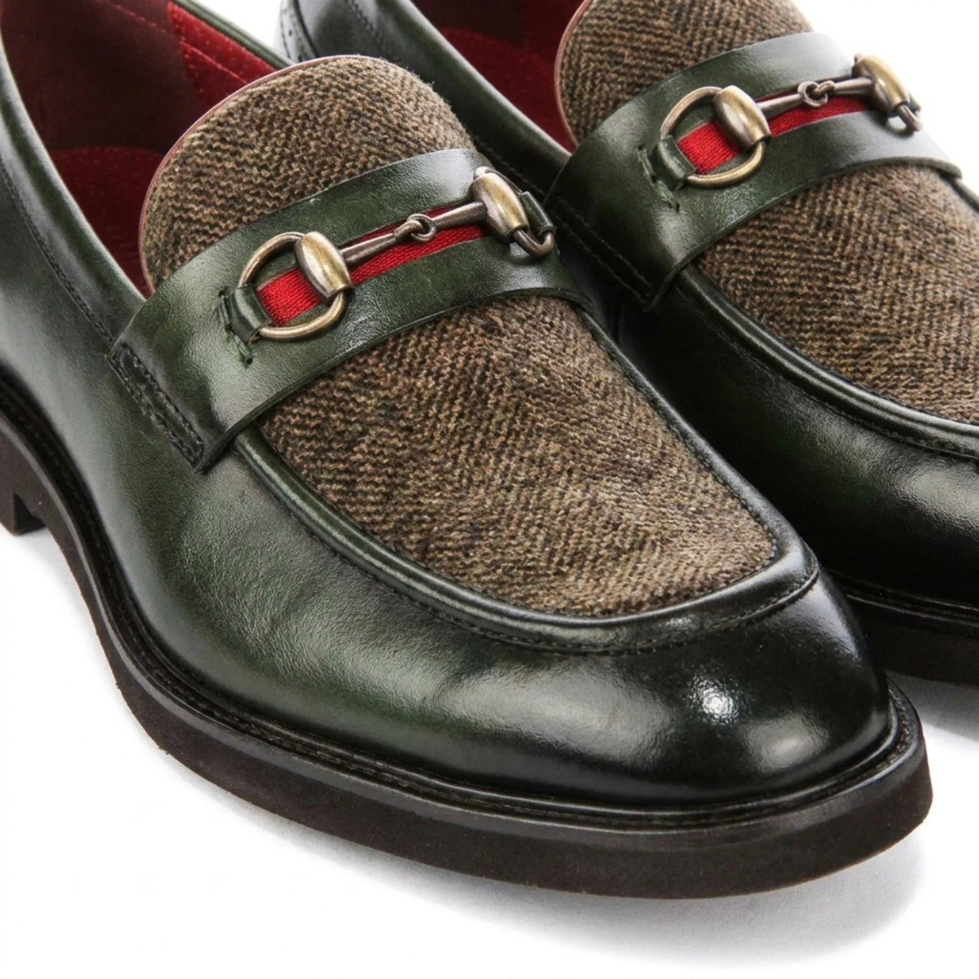 Tristian - Mocasini bărbătești din piele verde cu model herringbone din tweed