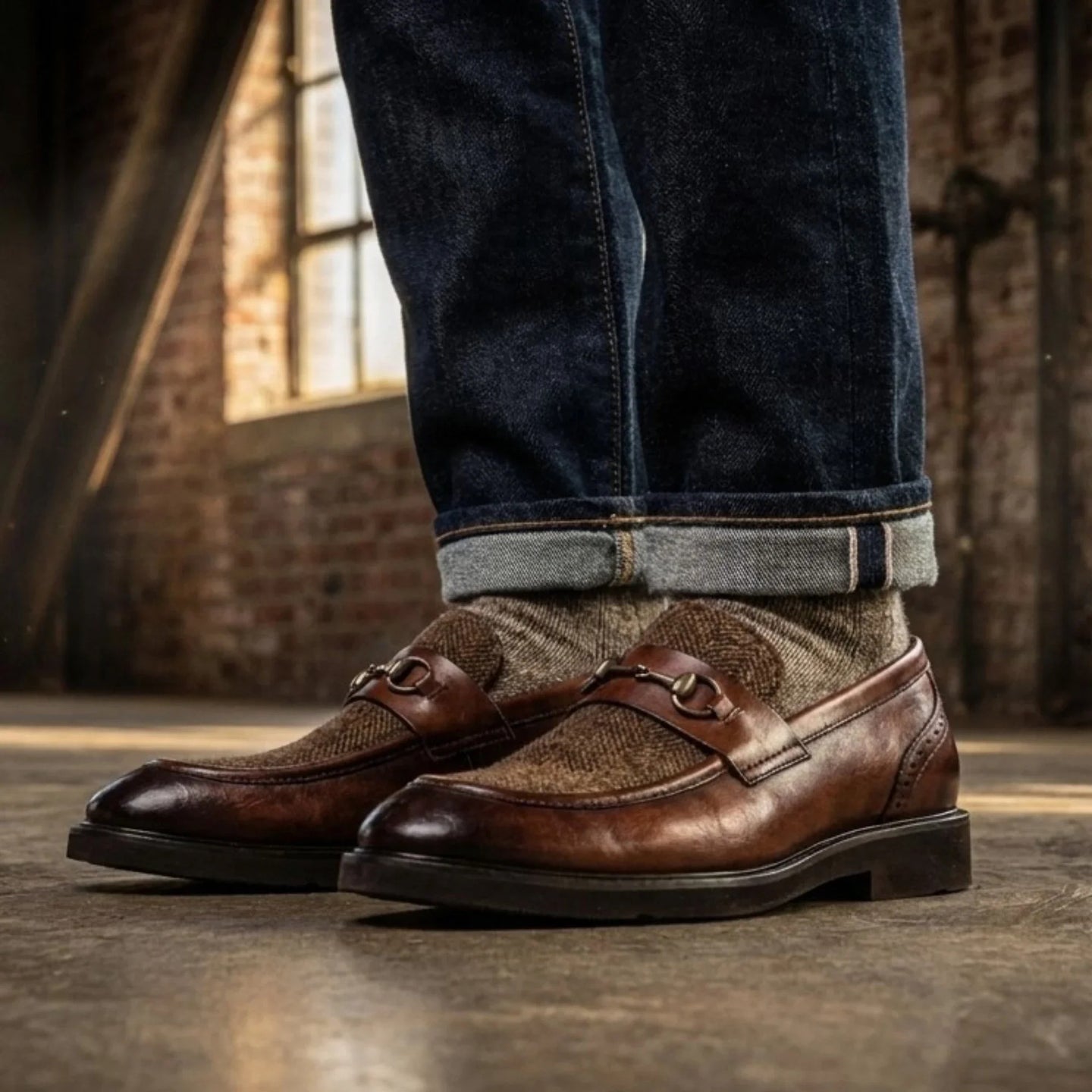 Tristian - Mocasini bărbătești din piele maro deschis, model herringbone, din tweed