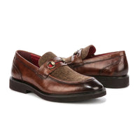 Tristian - Mocasini bărbătești din piele maro deschis, model herringbone, din tweed