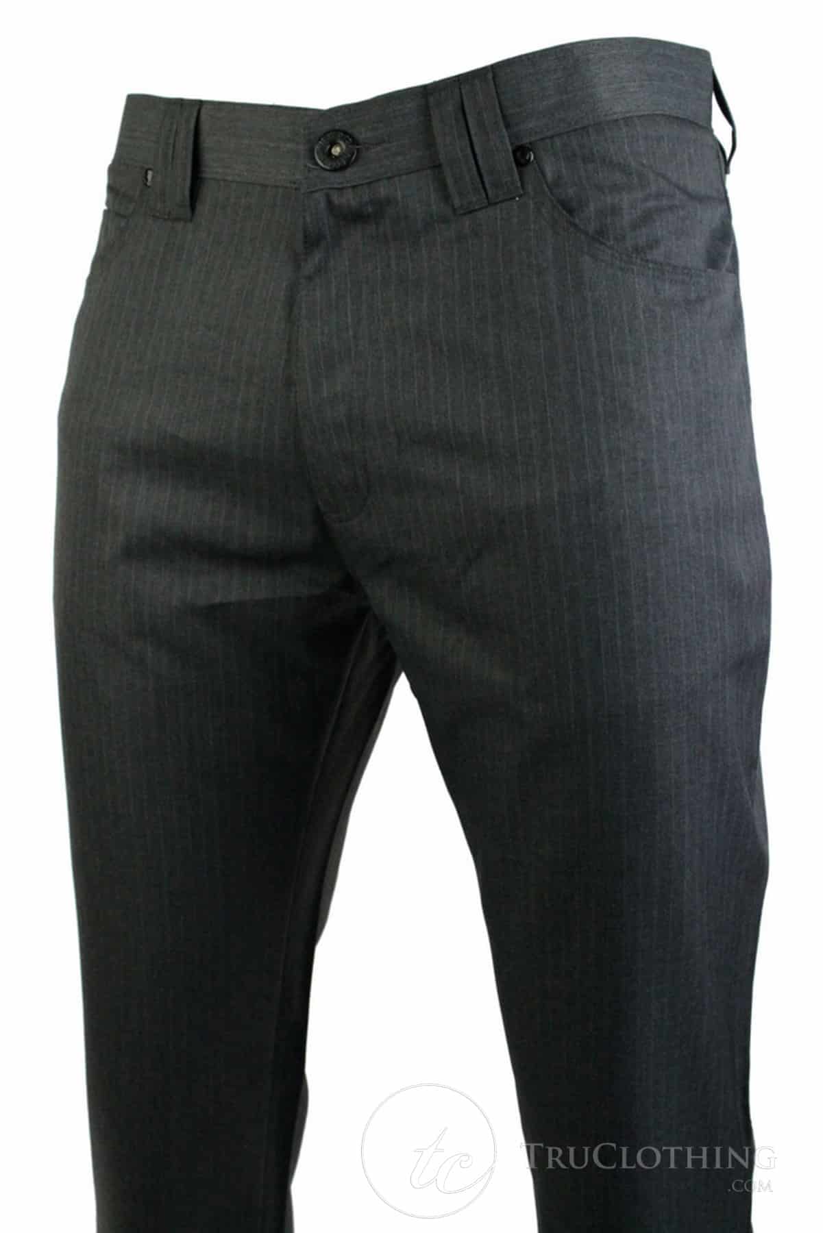 Mens Pin Stripe Straight Cut Trousers Smart Casual Grey Short Reg Long Office Work