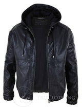 Mens Real Leather Bomber Hood Jacket - Black