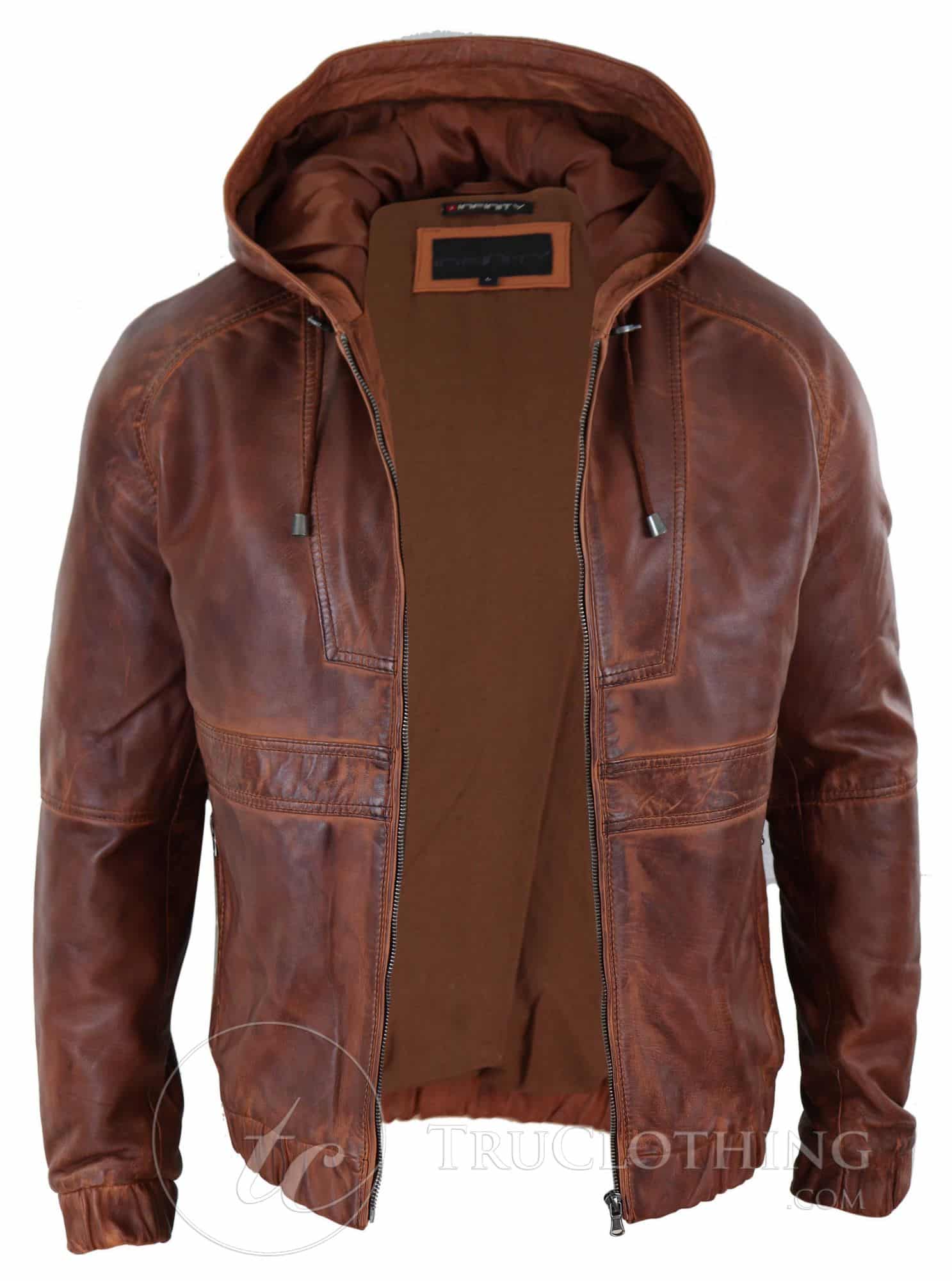 Mens Real Leather Bomber Hood Jacket - Tan