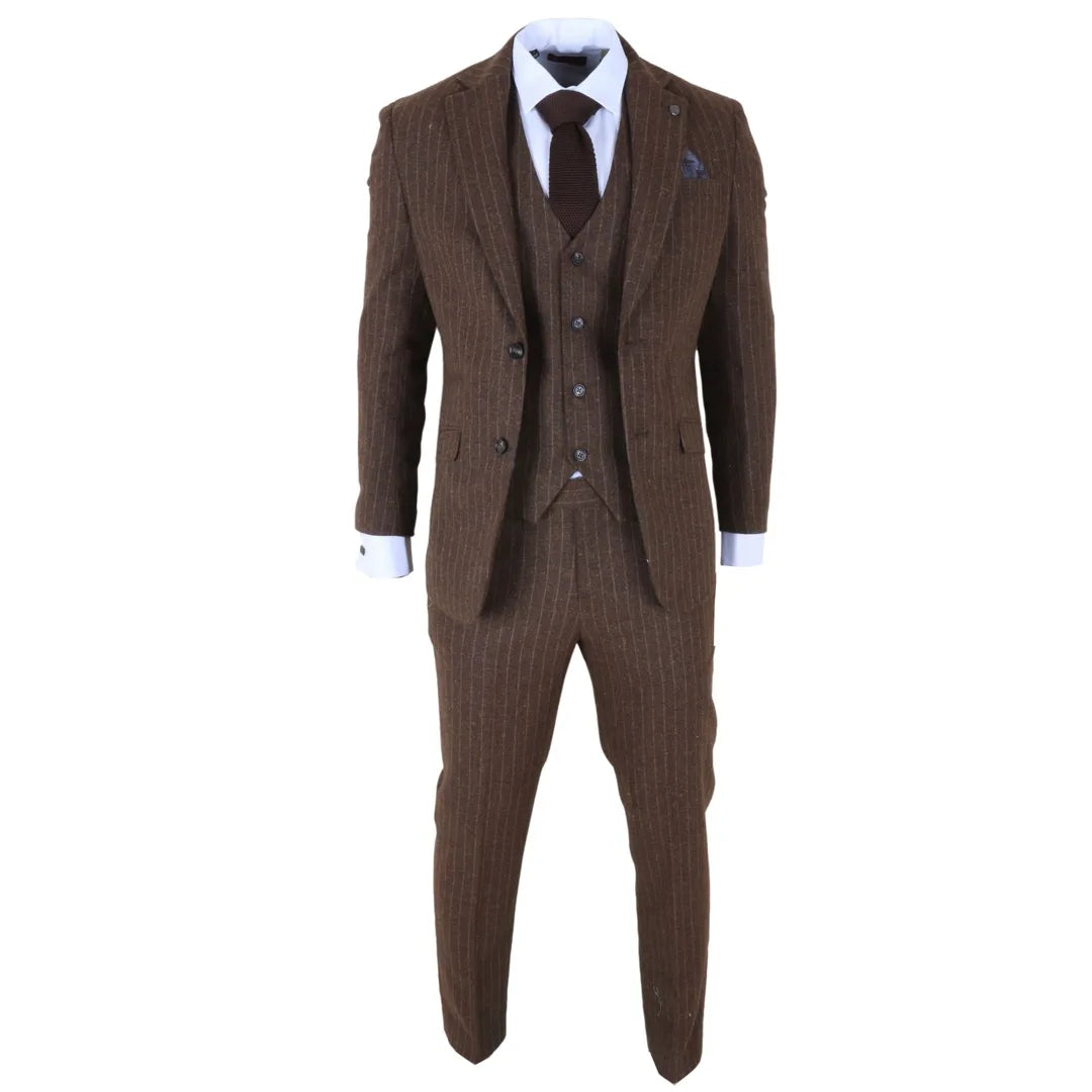 Costum bărbătesc din 3 piese, maro, cu dungi subțiri, slim fit
