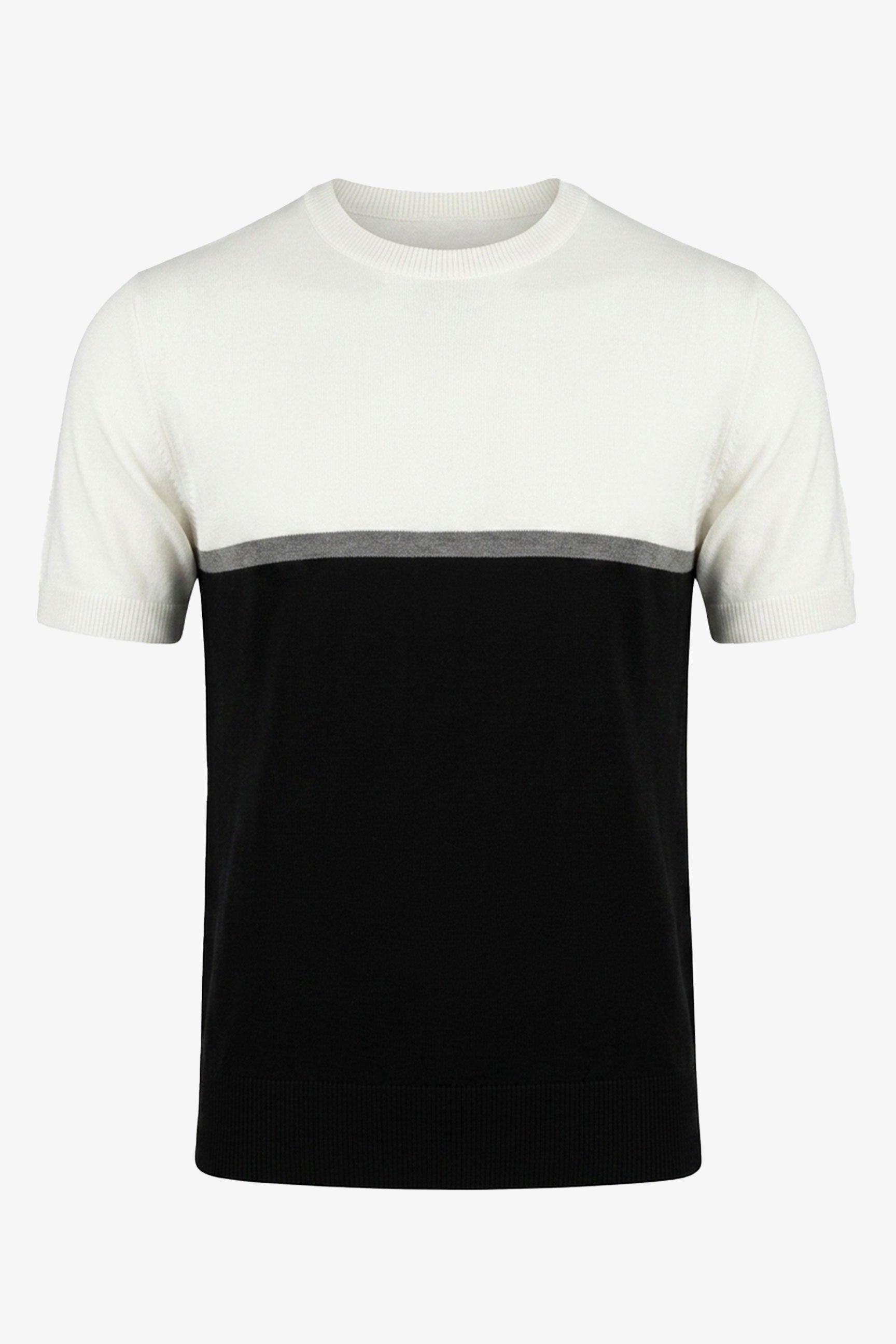 Tricou tricotat alb și negru cu blocuri de culoare pentru bărbați