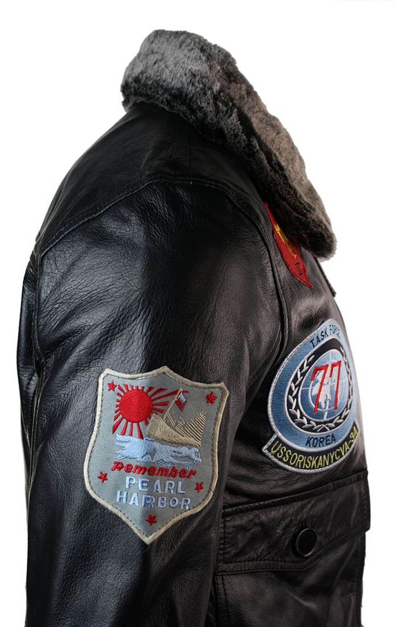 Mens Real Leather US Aviator Air Force Pilot Flying Bomber Jacket Black Fur Collar-Black