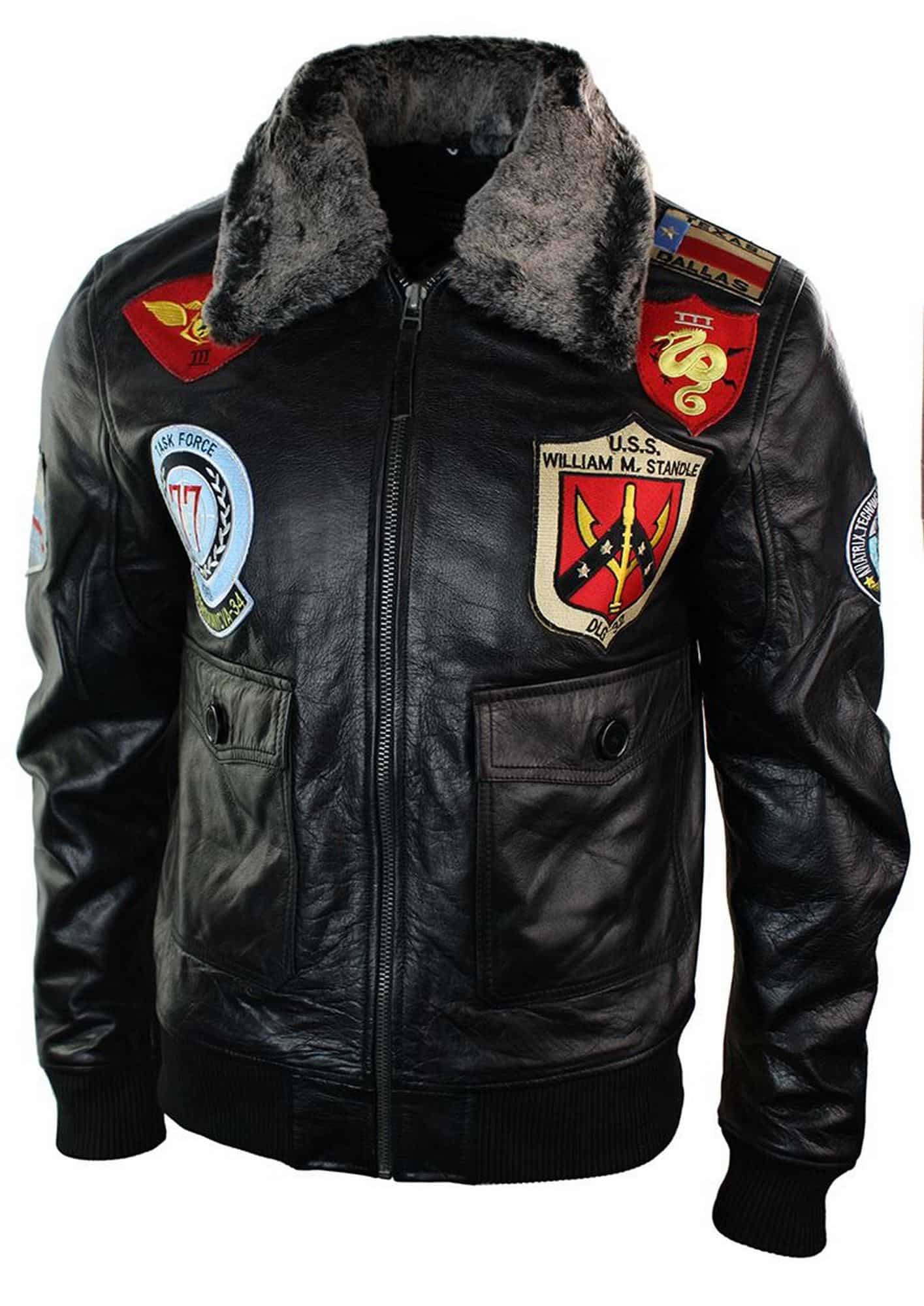 Mens Real Leather US Aviator Air Force Pilot Flying Bomber Jacket Black Fur Collar-Black