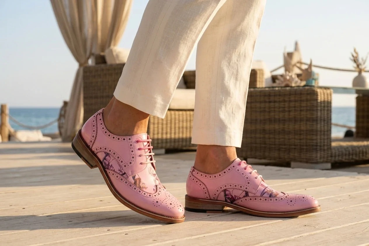 Wolf - Pantofi eleganți bărbătești cu imprimeu floral roz și vârfuri laterale