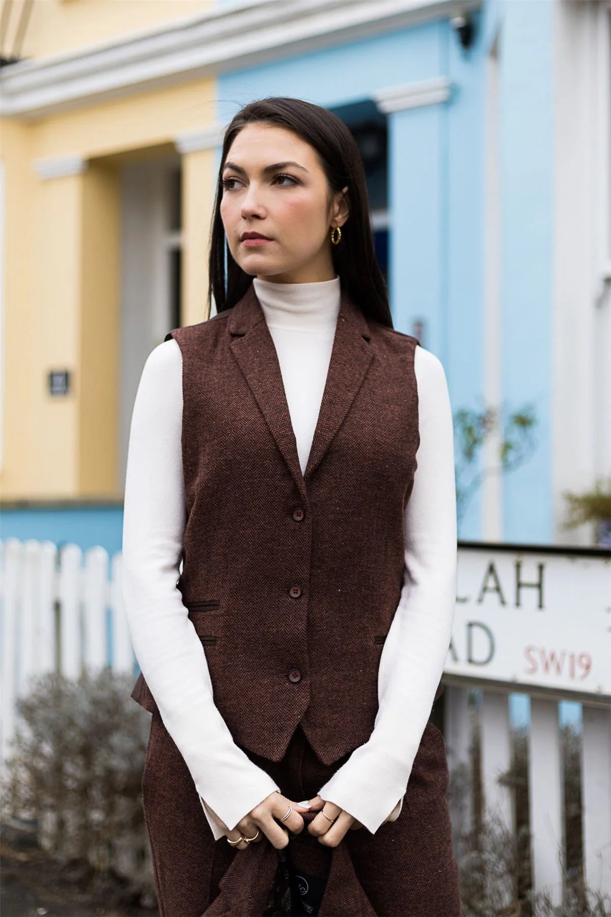 WS-12 - Vestă de damă din tweed, lână herringbone, maro ruginiu