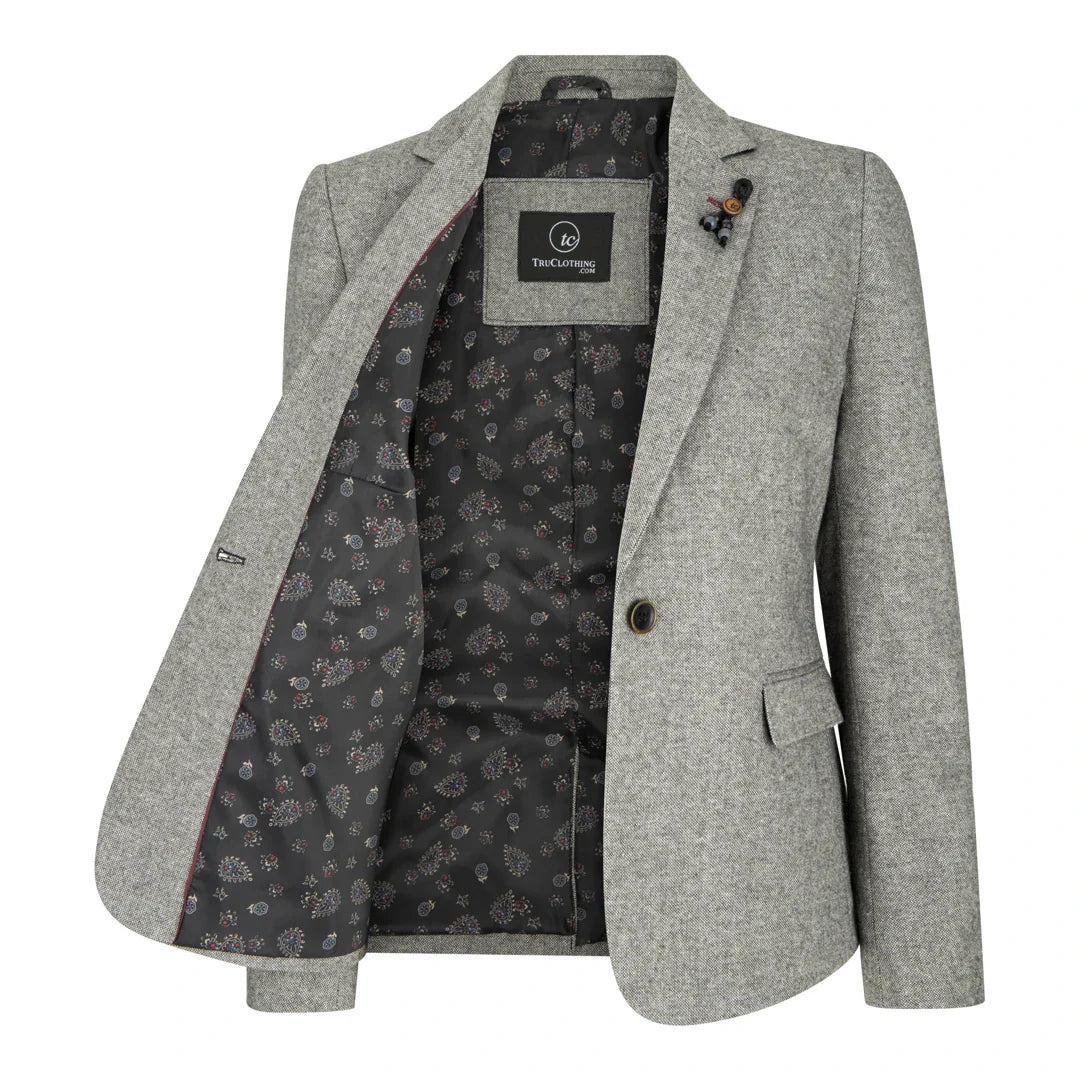wsn03 - Sacou gri din tweed pentru femei, cu imprimeu Elow Peaky anii 1920